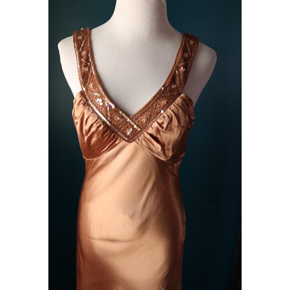 Vintage Niki Livas Y2K Bronze Gold Satin Beaded Pin Up Formal Glam Dress Size 10 - Picture 8 of 16